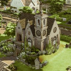 an artist's rendering of a gothic - style house in the middle of a garden