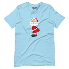 a light blue t - shirt with a cartoon santa clause on it's chest