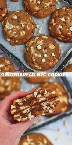 a person holding a cookie in front of some cookies on a baking sheet and another one with white chocolate chips