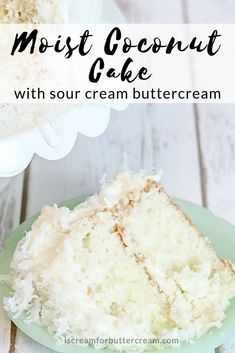 a piece of coconut cake on a plate with the rest of the cake in the background