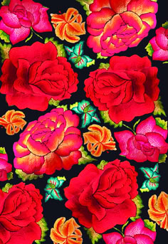 red and yellow roses on black background with green leaves in the center, as well as pink flowers