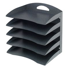 a stack of five black shelves on top of each other