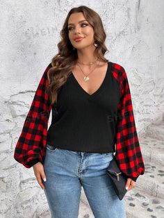 Sleeve Type:Bishop Sleeve \nStyle:Casual \nColor:Multicolor \nPattern Type:Gingham \nNeckline:V neck \nSleeve Length:Long Sleeve \nLength:Regular \nFit Type:Regular Fit \nFabric:Slight Stretch \nMaterial:Knitted Fabric \nComposition:97% Polyester \nComposition:3% Elastane \nCare Instructions:Machine wash or professional dry clean \nSheer:No \n Bishop Sleeve, Plus Size T Shirts, Raglan Sleeve, Sleeve Type, Gingham, Knitted Fabric, Types Of Sleeves, Dry Clean, Plus Size