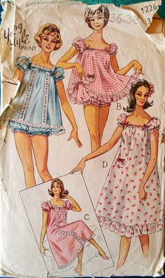 Baby Doll Pajamas, Vintage Clothes Patterns, Patron Vintage, Vintage Pajamas, Vintage Dress Patterns, Vintage Nightgown, Retro Mode, 1960s Fashion, Moda Vintage