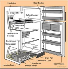 an open refrigerator with the door and shelves labeled