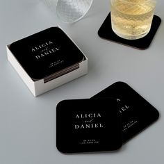 Elegant simple minimal black and white wedding paper coaster favor decor featuring a classy stylish chic trendy calligraphy script. ++++++++++++++++++++ Easy to personalize with your details! Suitable for formal black tie neutral weddings. +++++++++++++++ Please note that the background color can be changed to match your wedding color scheme. You can change it after selecting PERSONALIZE option. Minimal Black And White Wedding, Black Tie Wedding Decor, Silver Wedding Decorations, Black Wedding Decorations, White Weddings Reception, Wedding Coasters, Wedding Place Settings, Black And White Wedding, Calligraphy Script