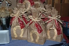 some brown bags are sitting on a table