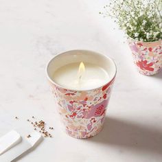 a candle sitting on top of a table next to a flower pot