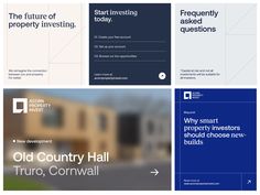 the old country hall brochure is displayed in four different colors and styles, including blue