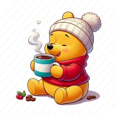 a winnie the pooh bear holding a cup of coffee while sitting on the ground