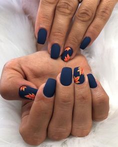 dark blue matte, nail polish, orange leaves, spring nail designs, short nails, white background Nail Winter, Blue Matte Nails, Women Career, Orange Nail Designs, Nails Yellow, Squoval Nails, Matte Nail Polish, Fall Nail Art Designs, Matte Nails Design