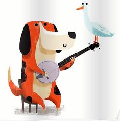 a dog is playing the guitar with a bird