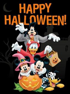 mickey mouse and friends in front of a castle with the words happy halloween on it