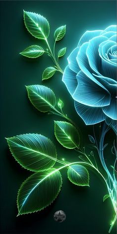 a blue rose with green leaves on a dark background