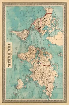 an old map of the british isles with red lines on blue water and white borders