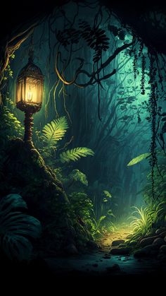 a lantern is lit in the middle of a dark forest with ferns and ferns