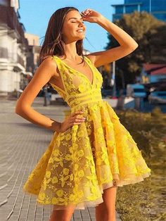 Yellow v neck tulle lace short prom dress yellow homecoming dress Processing time: 15-18 business days  Shipping Time: 7-10 business days  Material: tulle, lace Shown color: yellow  Back Details: Zipper-up  Built-In Bra: Yes  For Custom Size, Please leave following measurement, You can find a message box in the shopping cart, leave your custom size, Thank You.  Shoulder to shoulder: _______  Bust: _______  Waist: _______  Hips: _______  Shoulder to floor: _______ Yellow Hoco Dress, Homecoming Dresses Yellow, Yellow Party Dresses, Lying Game, Yellow Homecoming Dresses, Yellow Evening Dresses, Nadine Merabi, Burgundy Homecoming Dresses, Mini Prom Dresses