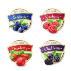 raspberries, blueberries and raspberry label on white background with clipping