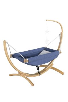 a baby hammock with a wooden stand and blue fabric in the shape of a rocking chair