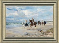 a painting of people riding horses on the beach with a dog in the foreground