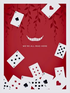 a red background with playing cards falling from the ceiling and smiling faces on top of them