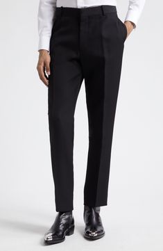 Tailored elegance pervades Italian-crafted pants fashioned from smooth wool with a mid rise and cleanly pressed creases. 34" inseam; 14 1/2" leg opening; 11 1/2" front rise; 14 1/2" back rise (size 48 EU) Zip fly with hook-and-bar closure Side-seam pockets; back button-welt pockets 100% wool Dry clean Made in Italy Designer Clothing Black Pants With Pressed Crease And Straight Hem, Luxury Straight Leg Dress Pants For Semi-formal Occasions, Luxury Tapered Leg Dress Pants For Semi-formal Occasions, Classic Black Dress Pants With Concealed Placket, Classic Black Pants With Pressed Crease, Black Pants With Pressed Crease, Classic Style, Black Ankle-length Dress Pants With Pressed Crease, Tailored Black Pants With Concealed Placket, Tailored Black Dress Pants With Concealed Placket