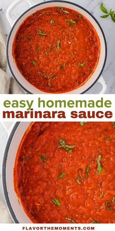 homemade marinara sauce in two pans with basil leaves on top