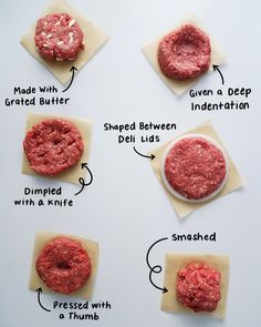 four different types of hamburger patties on wax paper with labels labeled in the middle