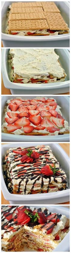 four different views of strawberry shortcakes in pans with strawberries on top