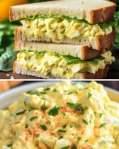 two pictures with different types of food on them and one has an egg salad in the middle