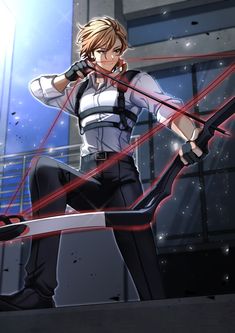 an anime character holding two swords in front of a building with stars on the background