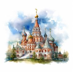 an artistic watercolor painting of a building with domes on it's roof and spires