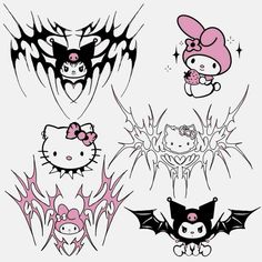 hello kitty tattoo designs on the back of an arm and chest, with different types of tattoos