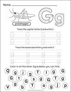 the letter g worksheet for children to learn how to write and draw letters