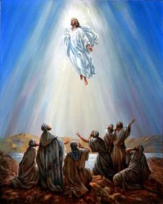 an image of jesus ascending from the sky with his arms in the air, surrounded by other people