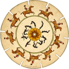 an artisticly painted plate with horses and people on it's sides, in the center