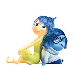 a cartoon character sitting on the ground next to another character with blue hair and glasses