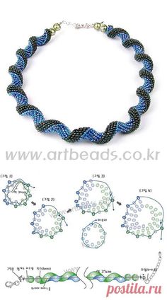 the instructions to make a beaded necklace and bracelet with beads in blue, green and white