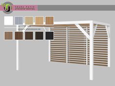 an awning with different shades and colors for the shade curtain in this image is shown