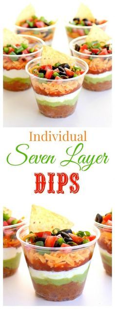 individual seven layer dips in glass bowls with text overlay that reads individual seven layer dips