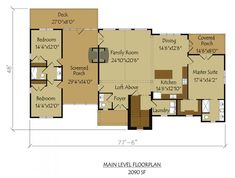 the main level floor plan for a home with two bedroom and an attached living area