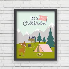 there is a poster with animals and tents in the background that says, let's outside