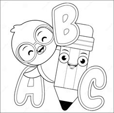 two pencils with faces and the letter b on them coloring pages for kids, printable