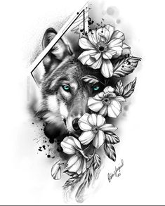 a wolf with blue eyes and flowers on his face is shown in this tattoo design