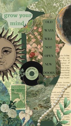 an altered collage with words and pictures on it, including the sun in the middle