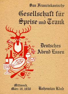 an old book with some type of food and wine on the cover, in red ink