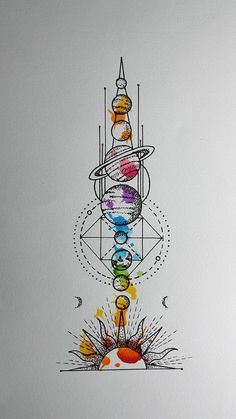 a drawing of a tower with many different colors on it