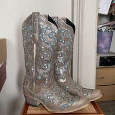 These Boots Are Made For Walkin'... From My Closet To Yours! These Sexy, Sparkly Boots Worn A Few Times Will Add That Splash Of Something Extra To Your Favorite Outfit! Silver Snip Toe Boots For Formal Occasions, Leather Boots With Bling And Round Toe, Bling Leather Boots With Round Toe, Silver Bling Boots With Round Toe, Leather Bling Boots With Round Toe, Western Boots With Rhinestones And Snip Toe, Silver Leather Boots With Rhinestones, Western Snip Toe Boots With Rhinestones, Silver Almond Toe Boots With Reinforced Heel