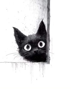 a drawing of a black cat peeking out from behind a wall with its eyes wide open