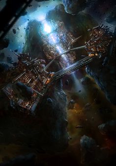 an image of a sci - fi city in the middle of space with lights shining on it